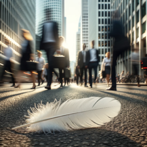 DALL·E 2023-12-10 13.50.29 - A large white feather lying horizontally on the ground in the foreground of a bustling city street. The feather is sharply in focus, with its delicate
